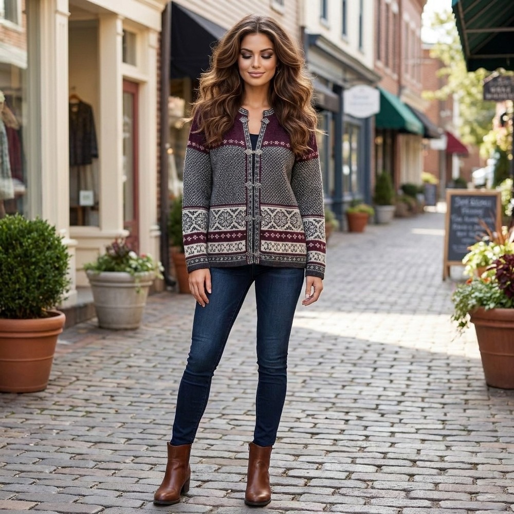Susan Bristol Cardigan Womens L Burgundy Nordic Wool Dark Academia Cottagecore